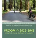 VROOM 2022-2042 cover: Adults and a child ride bicycles on a road surrounded by redwood trees