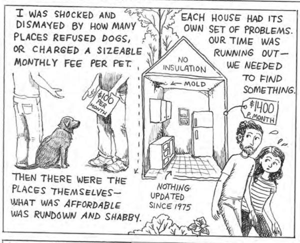 black and white comic book strip with picture of renter with dog being told it is $100 for a pet deposit, standing next to a tiny home that is labeled with the phrases "no insulation" "Mold" "Nothing updated since 1975" and a price tag of $1,400.